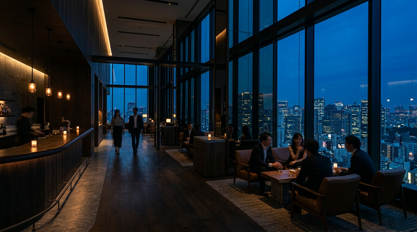 An upscale bar or lounge in a high-rise building with floor-to-ceiling windows showing a city skyline at night. Patrons are seated at tables, some in pairs and some in groups, enjoying drinks. The interior features dark wood furnishings, soft candle lighting, and hanging pendant lights.