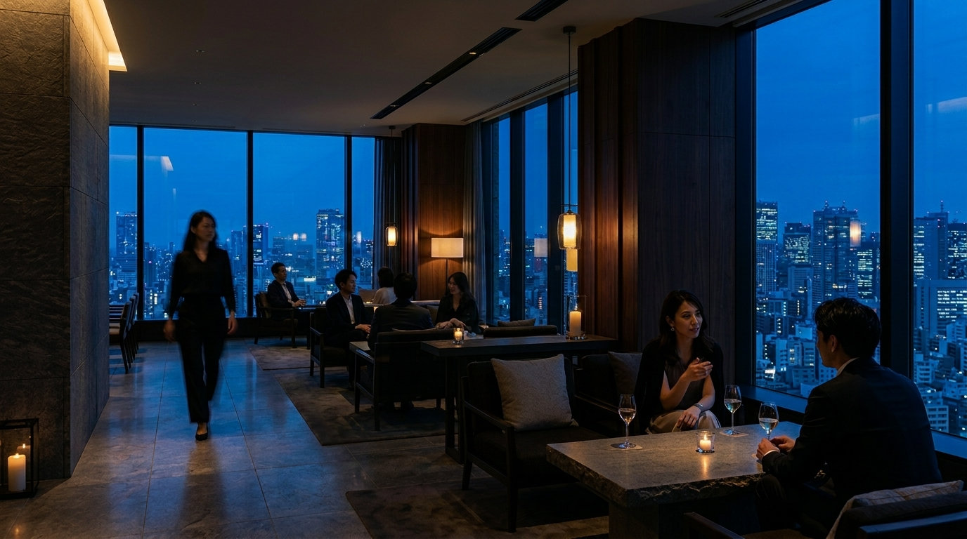 A modern upscale restaurant or lounge during evening with large floor-to-ceiling windows showing a city skyline. People are seated at tables, engaging in conversations. The interior is dimly lit with candles and warm lighting.