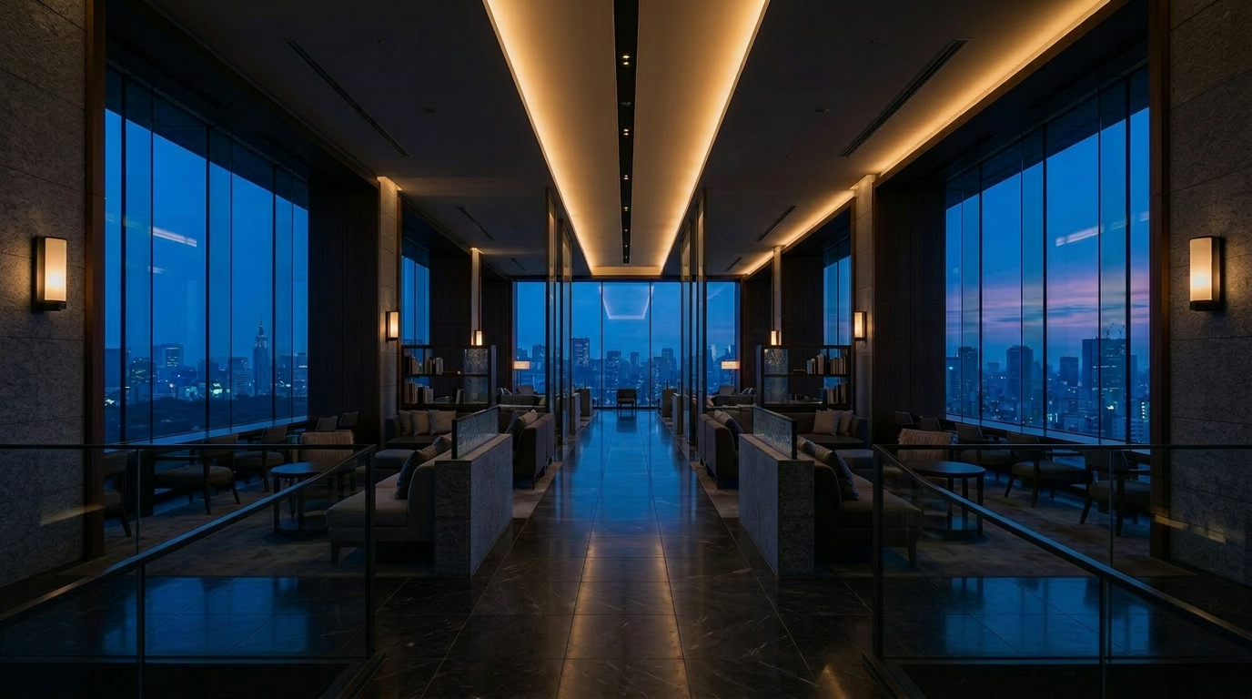 Interior of a modern high-rise lounge with large windows showing a city skyline at dusk, contemporary furniture, and warm lighting.
