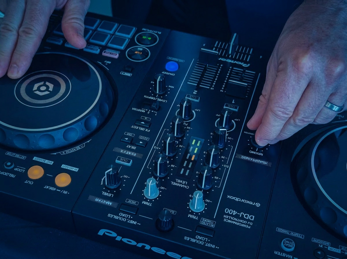 David Swan performing a DJ set using professional mixing equipment.