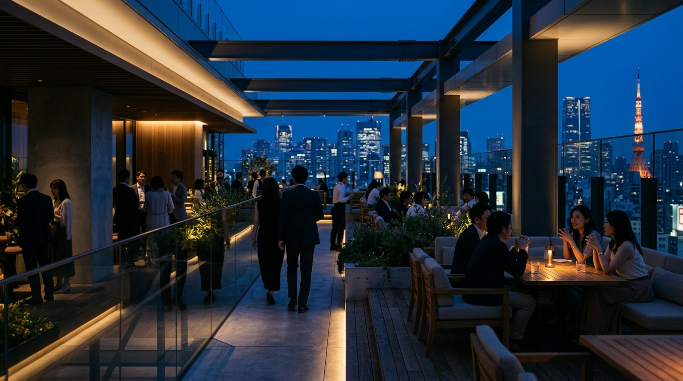 People dining and socializing on a rooftop terrace at night with a city skyline and Tokyo Tower in the background.