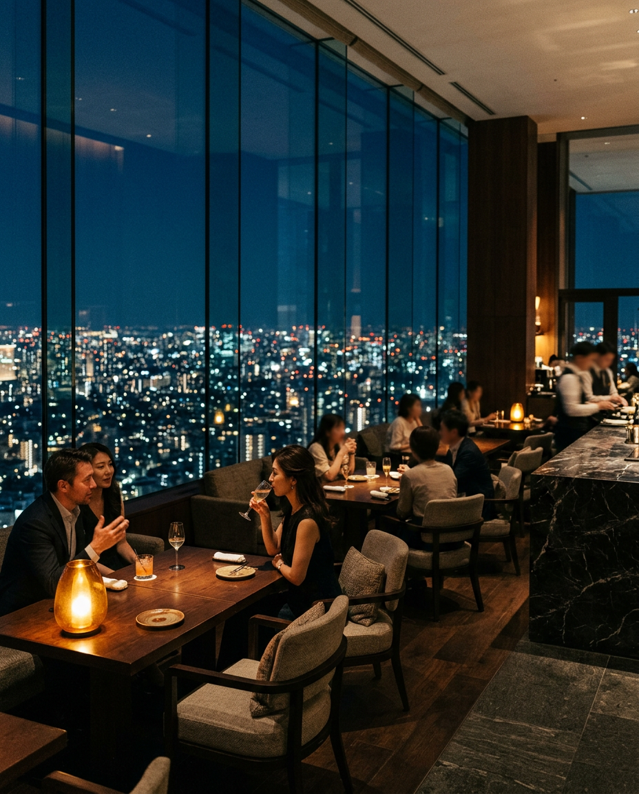 People dining at a high-rise restaurant with a city skyline view at night.