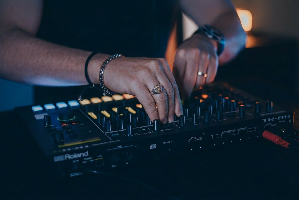 David Swan performing live electronic music using Roland MC-707 and TR-8S hardware.