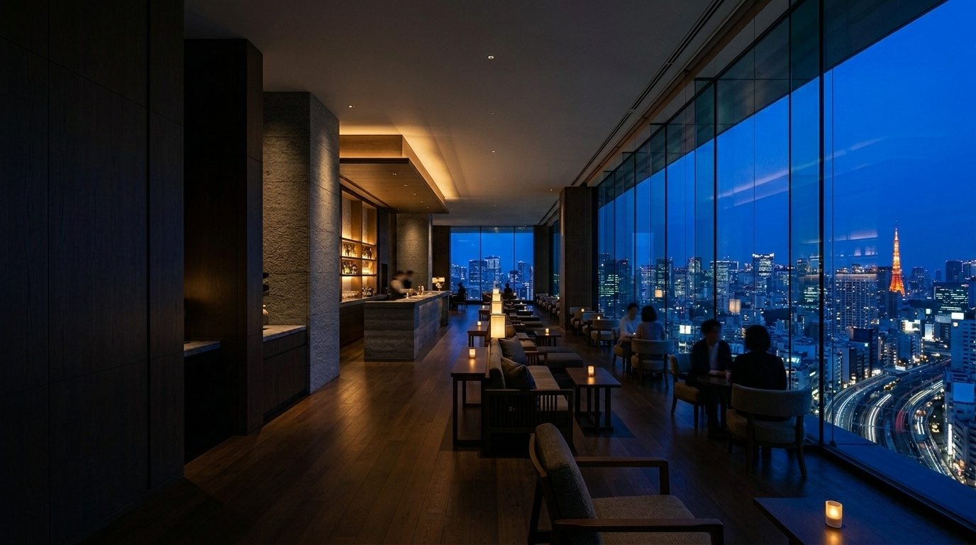 Nighttime cityscape view from a high-rise restaurant with large glass windows, lit tables, and patrons dining while overlooking illuminated buildings and streets.