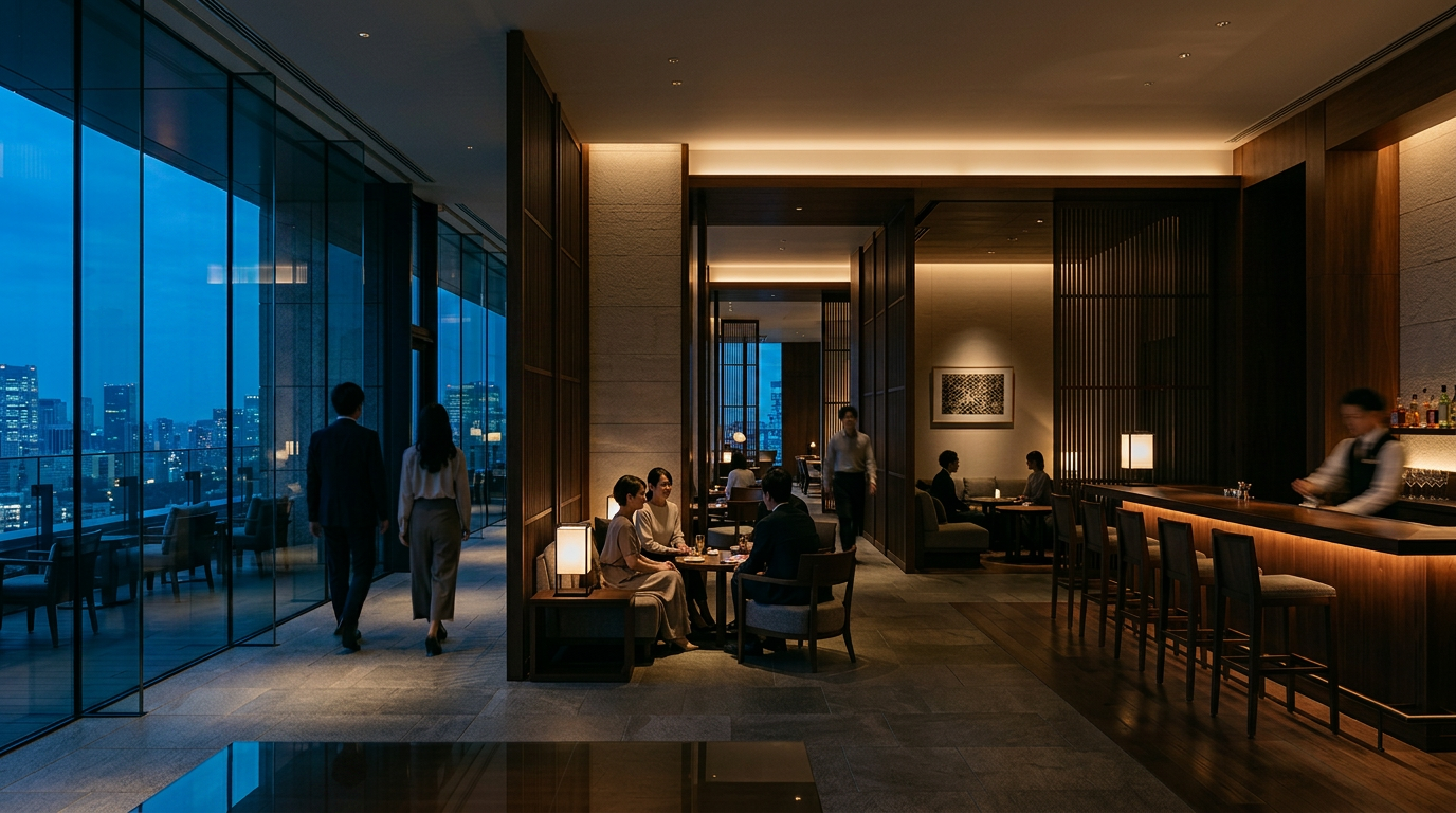 Interior of a modern upscale restaurant or bar with large glass windows overlooking a city skyline at night, with several groups of people dining and a bartender behind the bar.
