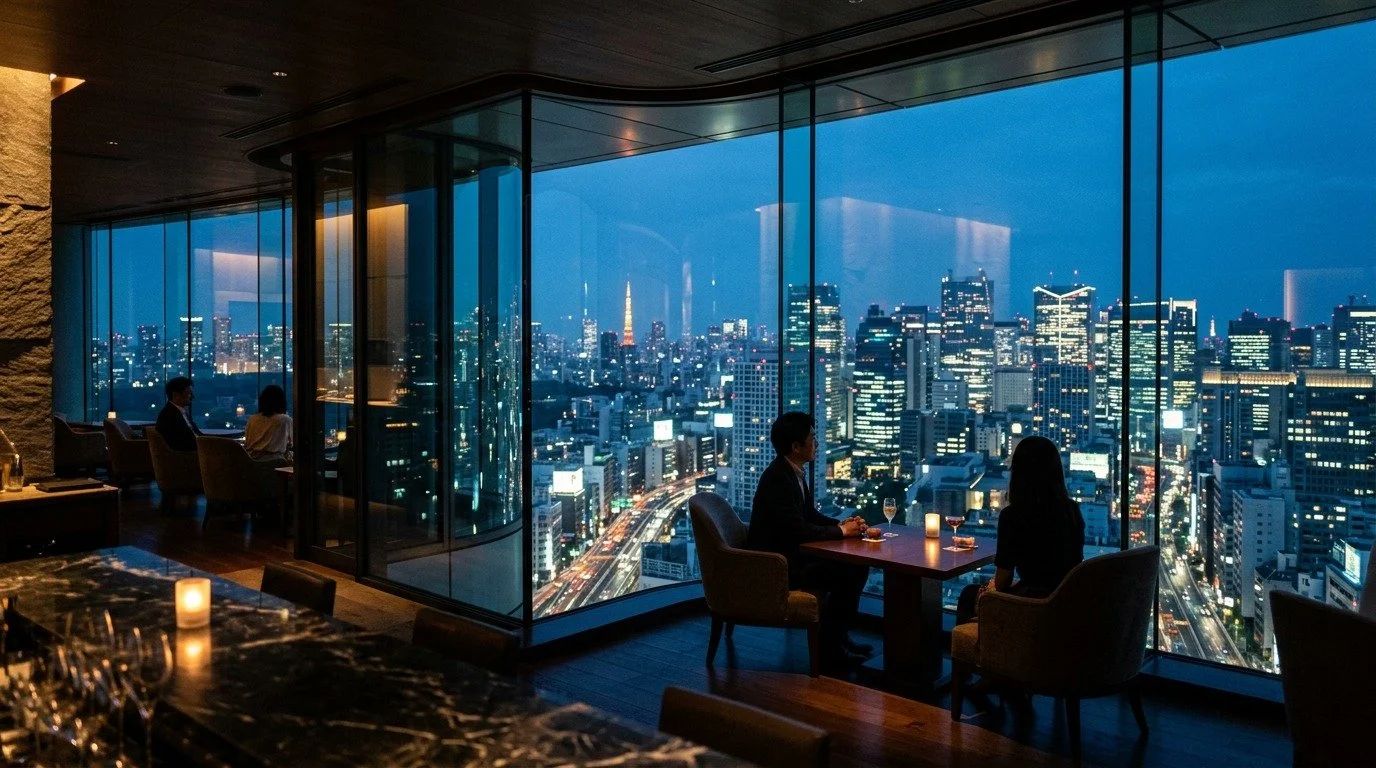 City skyline view from a high-rise restaurant with three couples dining at tables by floor-to-ceiling windows at dusk.