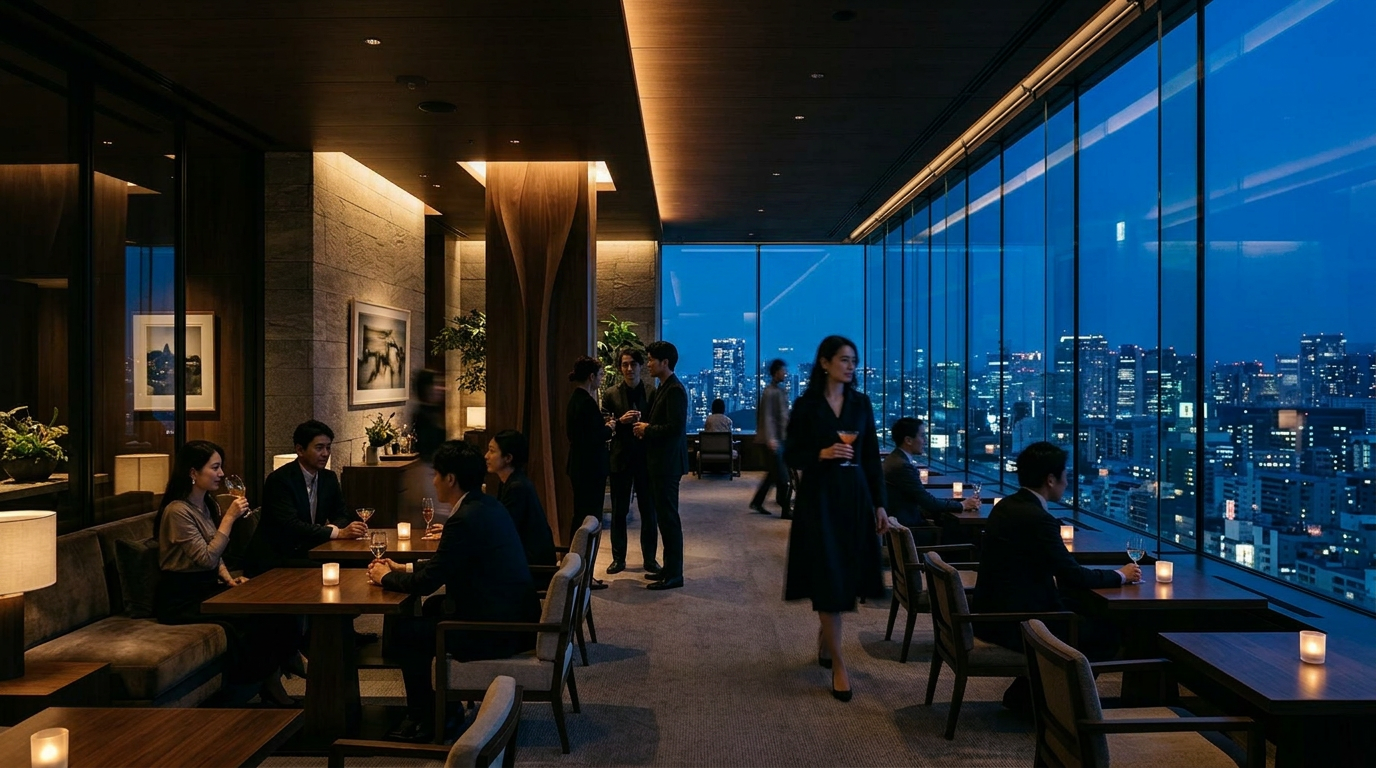 Nighttime scene inside a modern high-rise bar or restaurant with large windows showing a city skyline. People are sitting and standing, enjoying drinks and conversations.