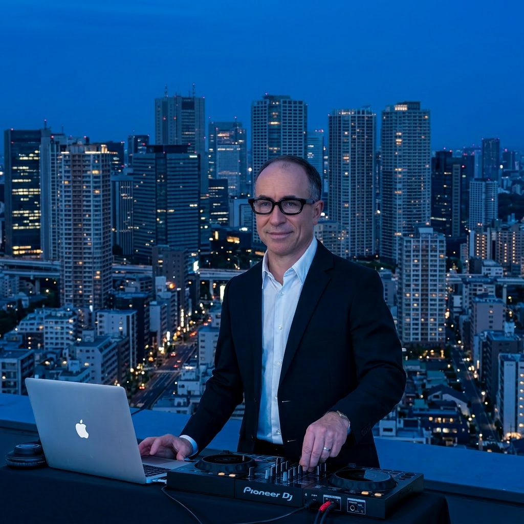 David Swan performing a DJ set in a sophisticated hospitality venue in Tokyo.