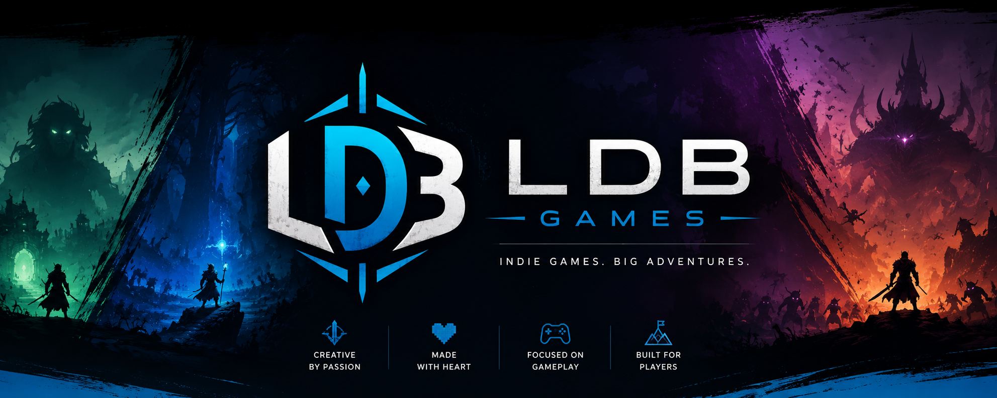 A colorful video game promotional poster divided into three sections with characters and scenes from different game worlds. The center displays the logo 'DJB Games' with the tagline 'Indie games. Big adventures.' Below are four icons with text: 'Creative by passion,' 'Made with heart,' 'Focused on gameplay,' and 'Built for players.'