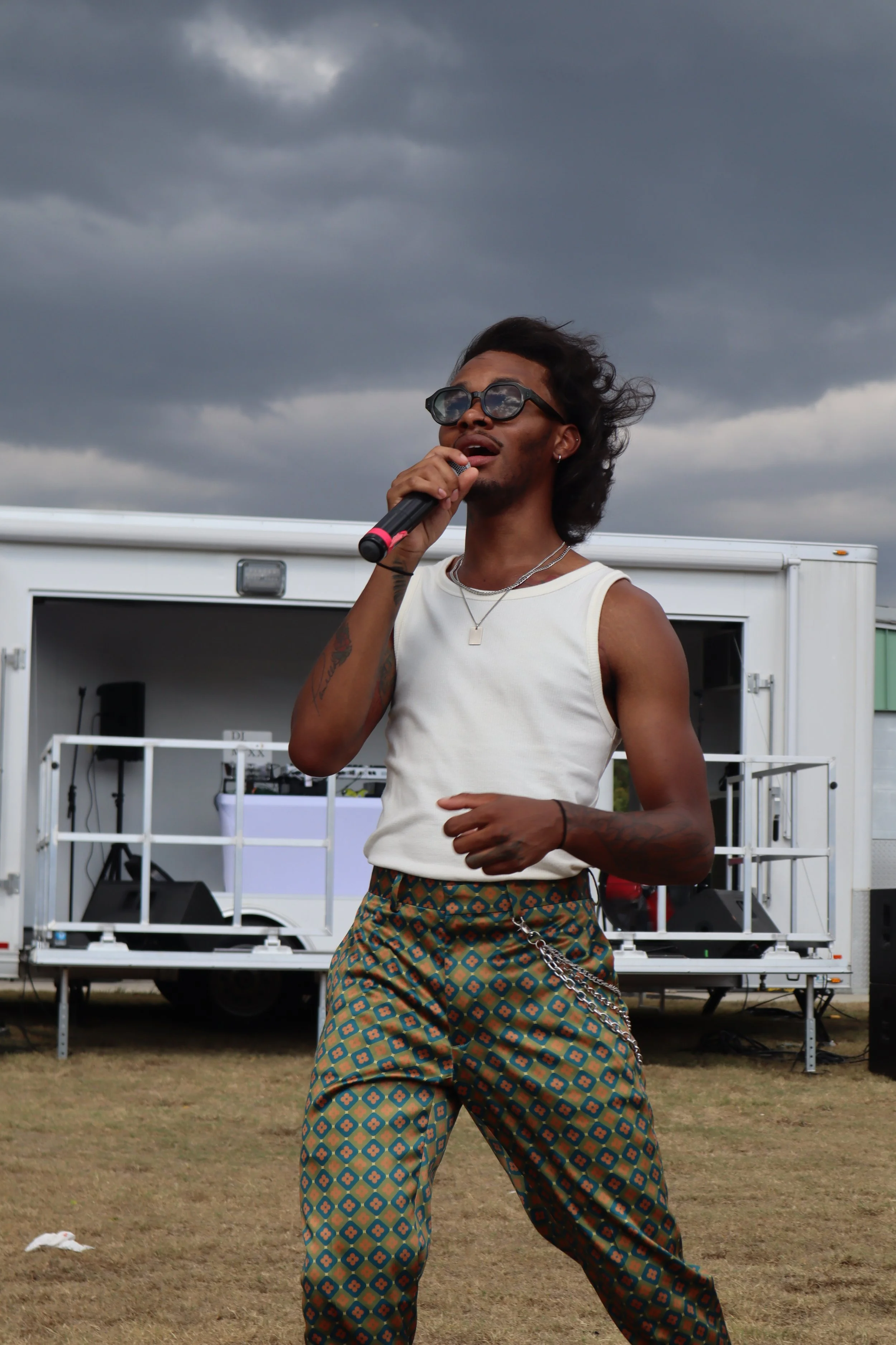 Male singer with dark sunglasses, sleeveless white shirt, patterned pants, singing into microphone on outdoor stage with cloudy sky. 70s vibes and style