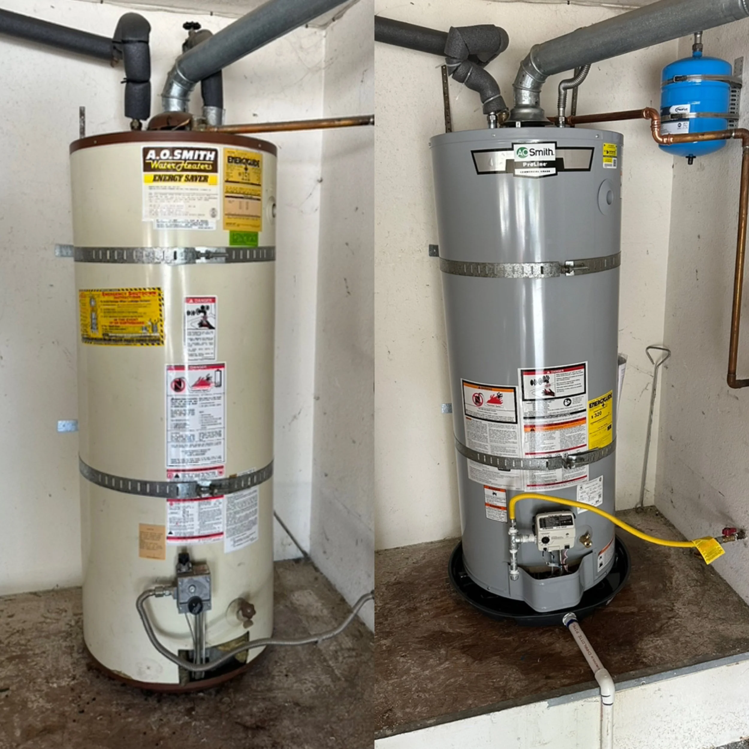Comparison of two water heaters, an older model on the left and a new model on the right, mounted on a wall in a utility room.