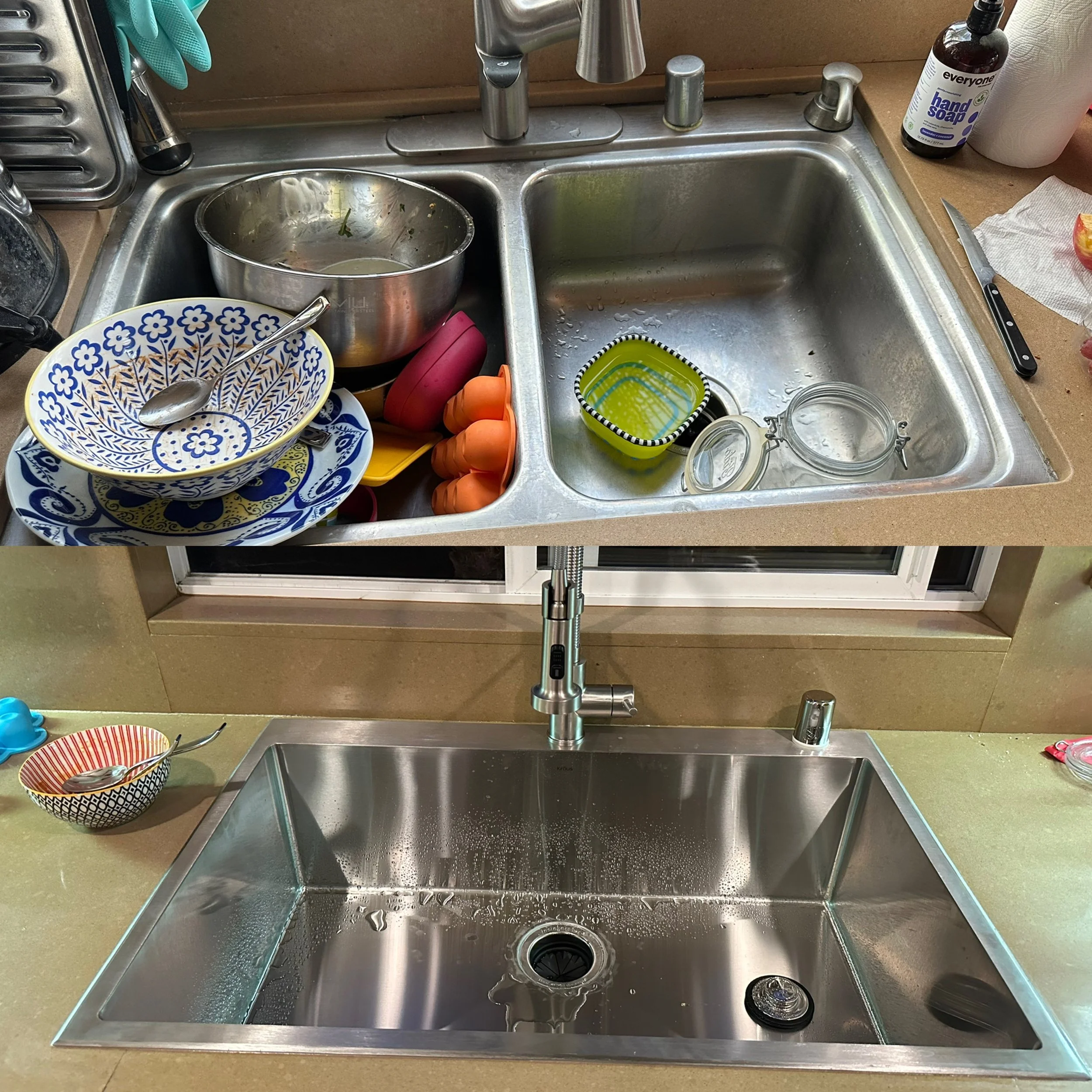 Empty stainless steel kitchen sink with a few dirty dishes, a dish soap bottle, paper towels, and cleaning supplies around it.