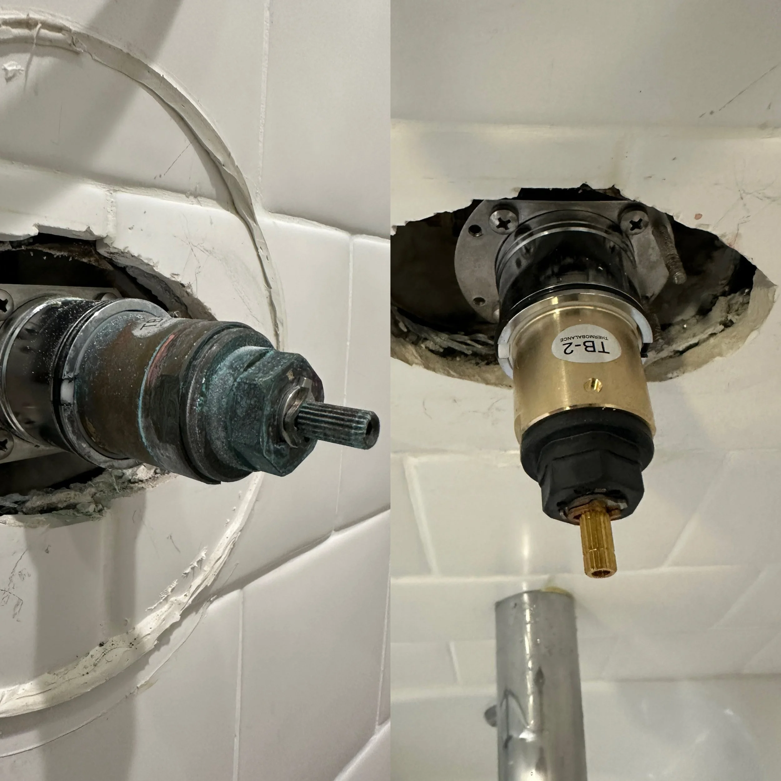 Close-up view of a bathroom sink and plumbing area, showing a broken pipe, some screws, and a metal fixture.