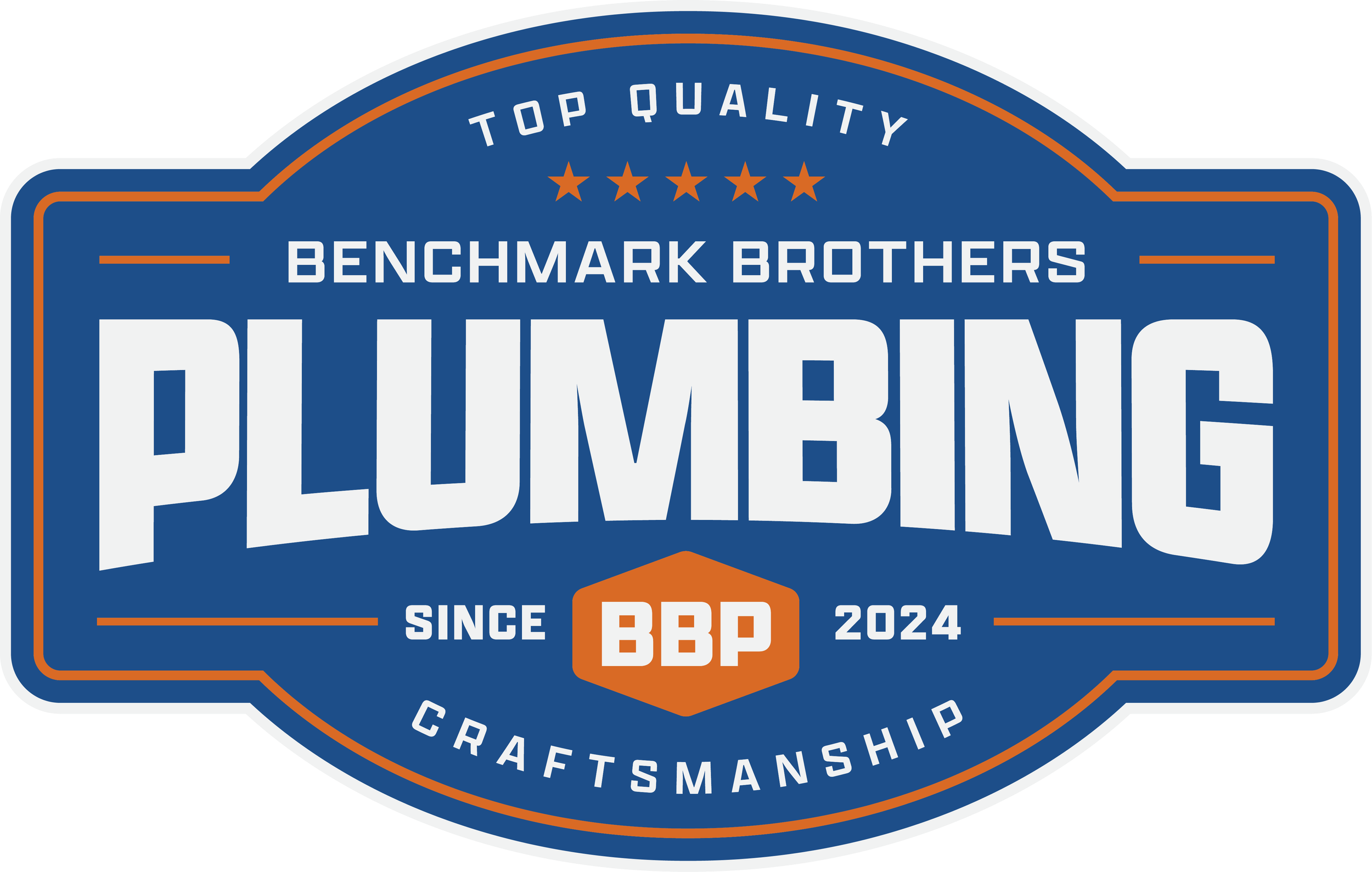 A logo for Benchmark Brothers featuring a blue and orange design with the text 'Top Quality Benchmark Brothers Plumbing Since BPM 2024 Craftsmanship'.