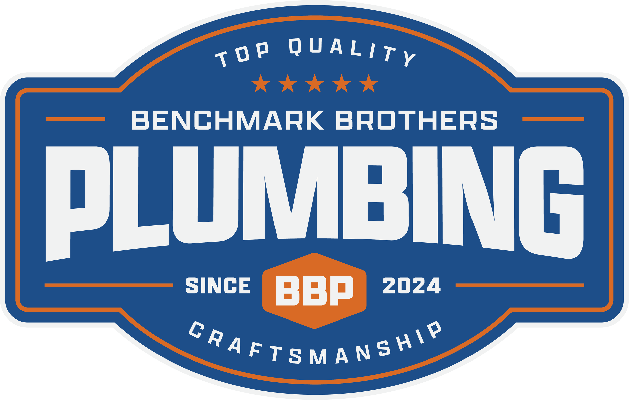 A logo for Benchmark Brothers, emphasizing top quality craftsmanship and since 2024, featuring a blue background with orange and white accents.