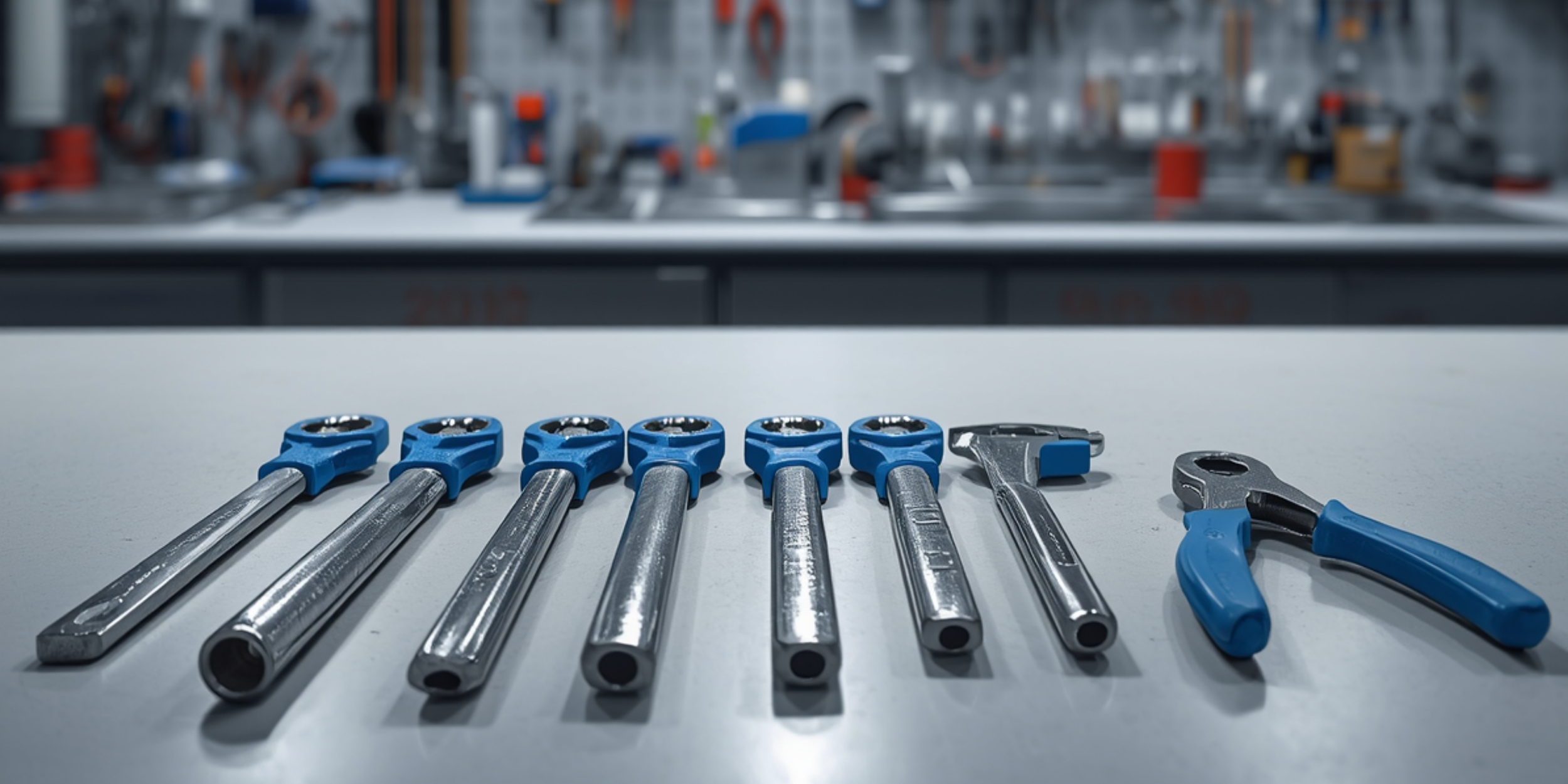 A row of blue and silver ratchet wrenches and a pair of pliers arranged on a white work surface in a workshop or garage.