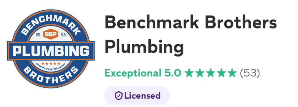 Benchmark Brothers Plumbing business profile with a logo and five-star rating based on 53 reviews, licensed, noting the company's name and specialization in plumbing.