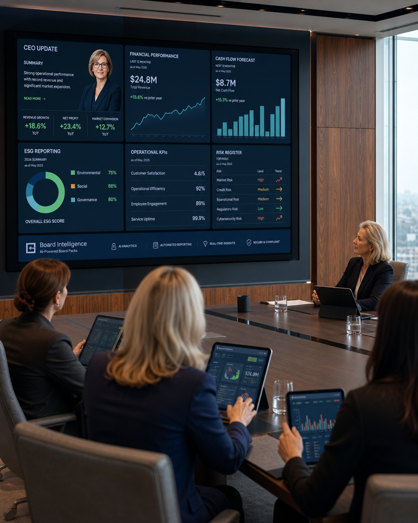 Business meeting in a conference room with four women, three seated and one presenting, looking at a large digital screen displaying financial and performance data, with laptops and tablets on the table.