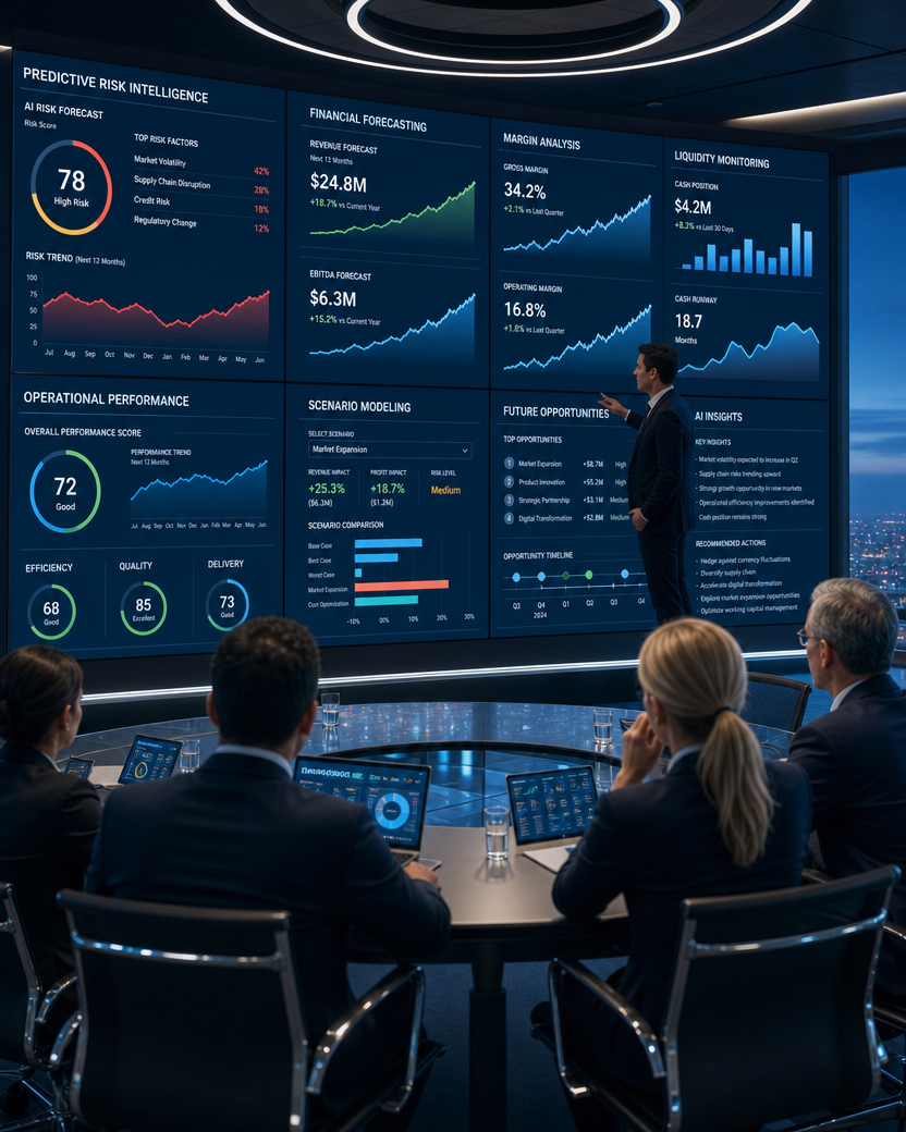 Business meeting in a conference room with four professionals seated at a round table, viewing a large digital display screen showing financial and risk analysis data.