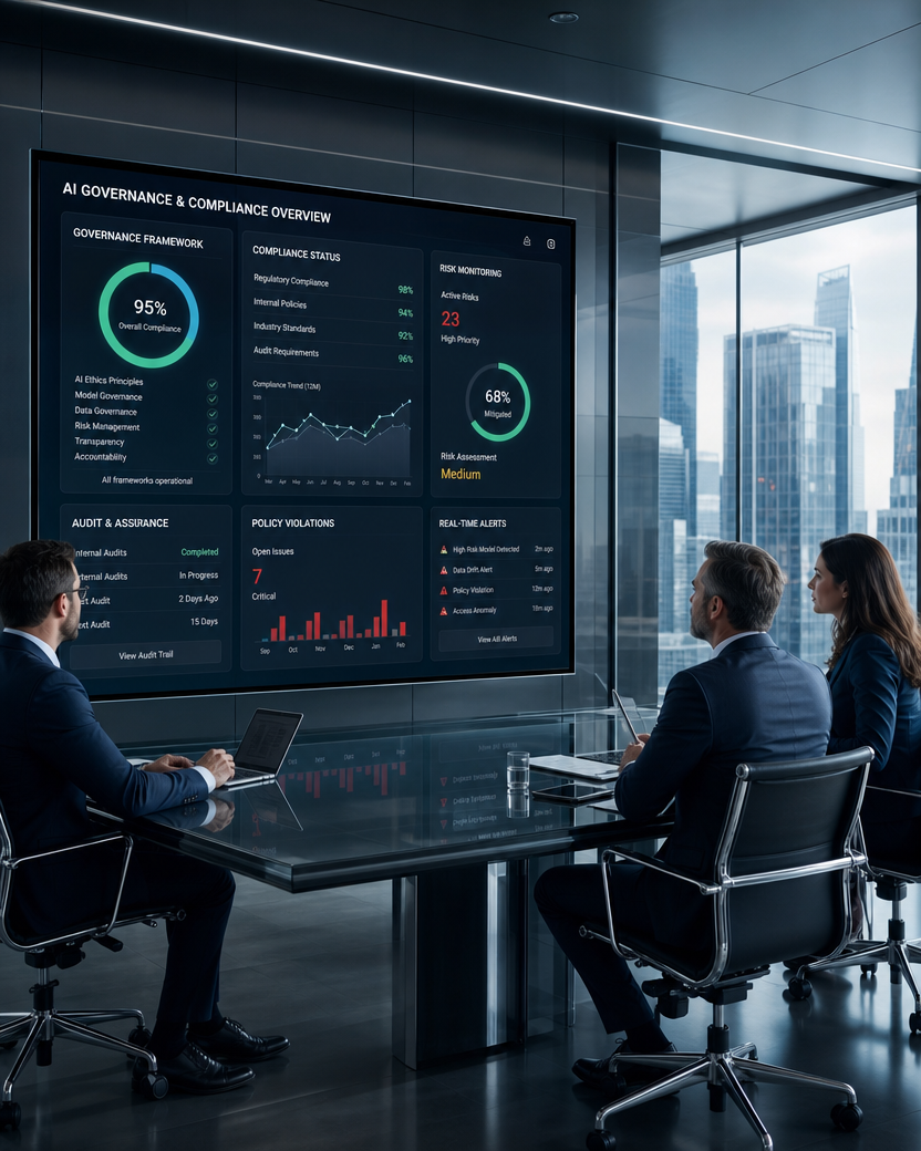 Business meeting in a modern conference room with three people looking at a large digital dashboard displaying AI governance, compliance status, risk monitoring, and alerts, with city skyscrapers visible through the windows.