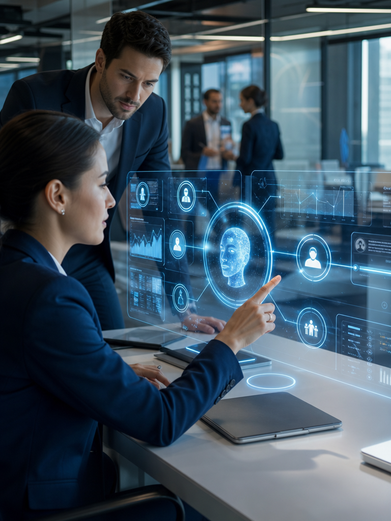 Business professionals analyzing a digital facial recognition interface in a modern office.