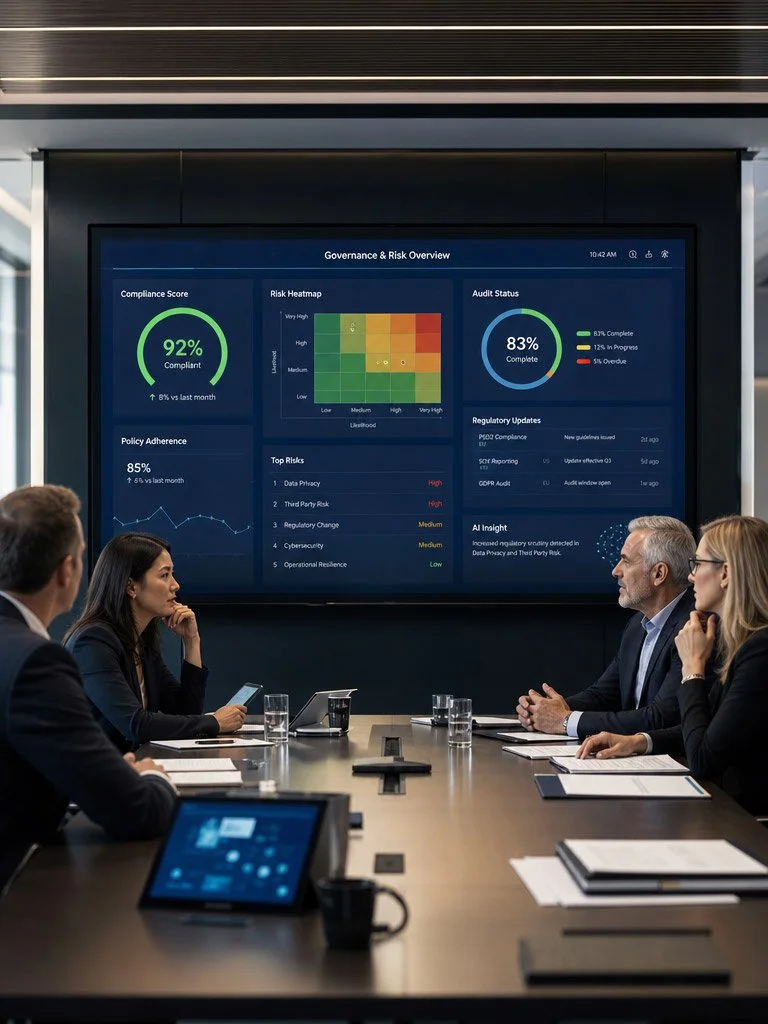 Business meeting in a conference room with five people seated at a table, watching a large screen displaying governance and risk overview charts.