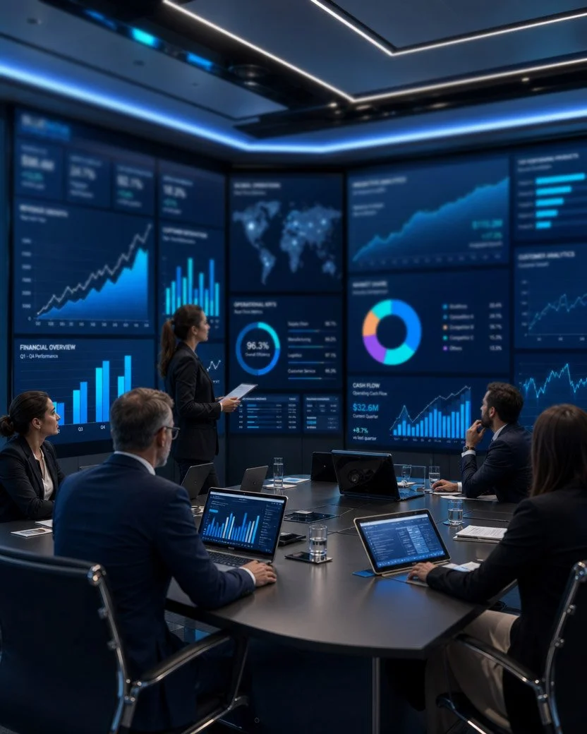 Business meeting in a conference room with large digital screens displaying financial graphs, charts, and world maps, with five people in professional attire engaged in discussion.
