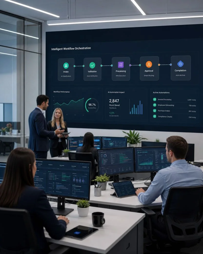 Business meeting in a modern office with people working on computers and a large screen displaying workflow and performance data.