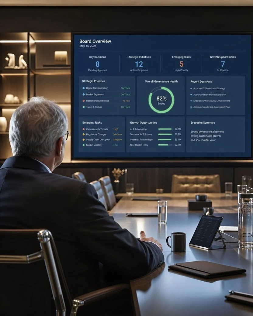 A man in a suit sitting at a conference table, looking at a large screen displaying a board overview with strategic priorities, risks, and growth opportunities, dated May 15, 2025.