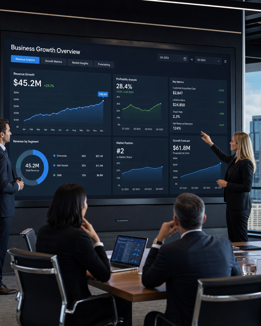Business meeting with a large screen displaying a business growth overview, among the attendees two women and two men, one woman is pointing at the screen.