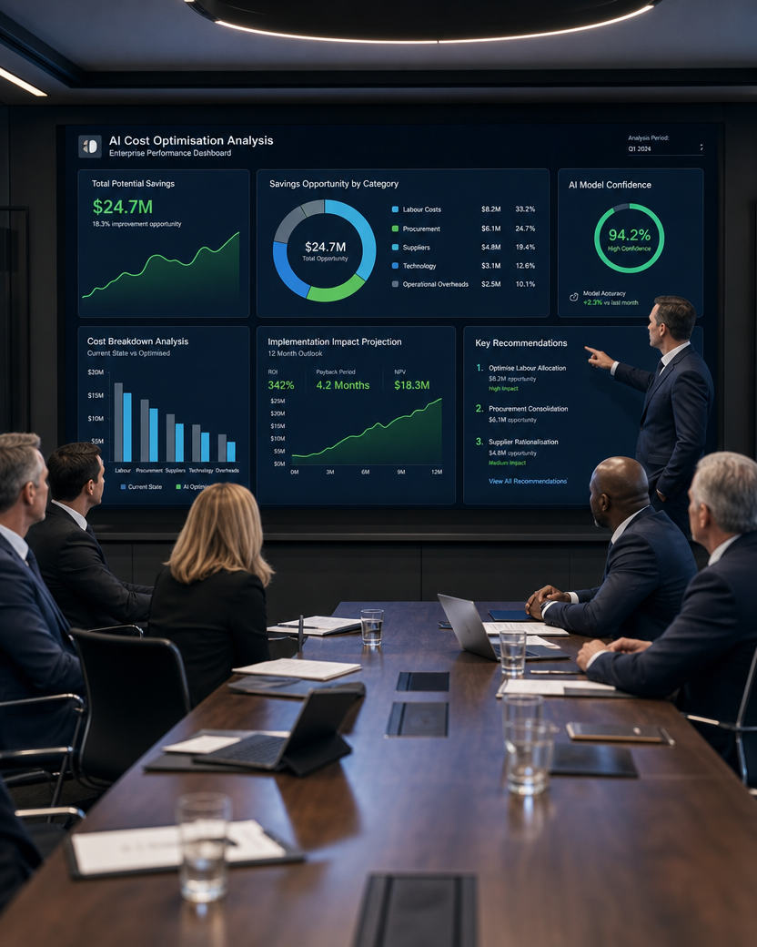 Business meeting in a conference room with a large screen displaying a corporate dashboard titled 'AI Cost Optimization Analysis', showing various charts, statistics, and key performance indicators.