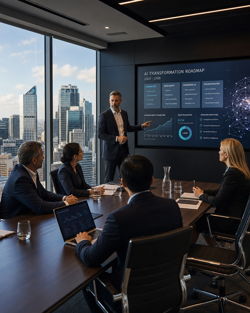 Business meeting in a modern conference room with a city skyline in the background. A man in a suit is giving a presentation on AI transformation roadmap displayed on a large screen. Four other professionals are seated around the table, some taking notes or using laptops, listening attentively.