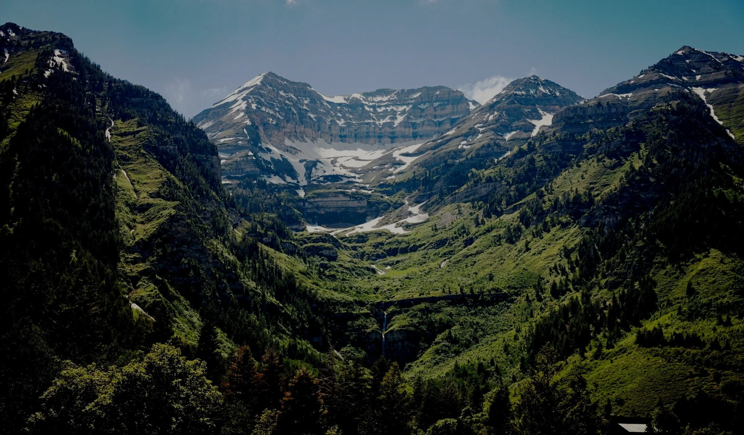 Mountain landscape with snow-capped peaks and green forested slopes under a clear sky.