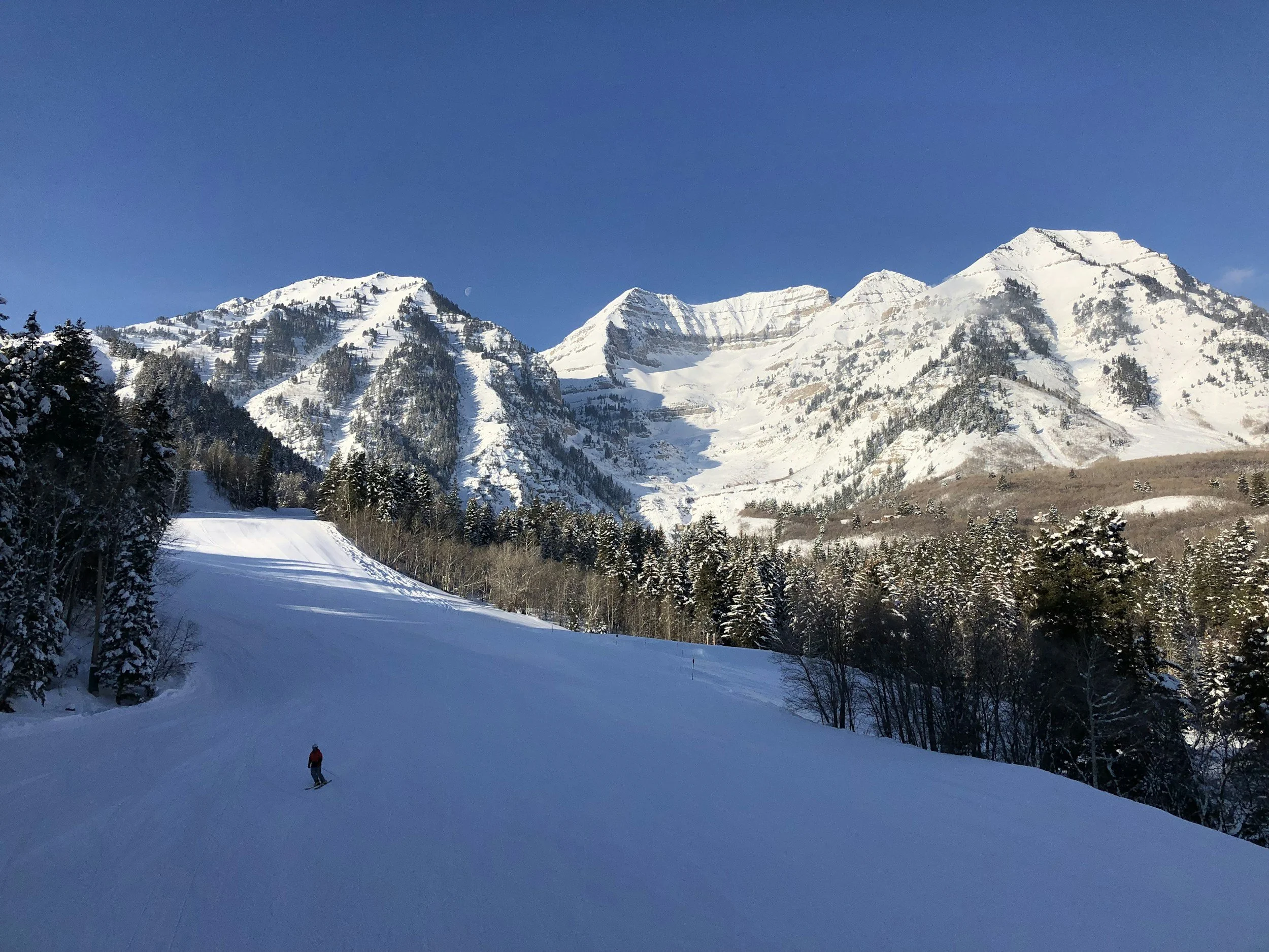 Snow-covered mountain landscape with clear blue sky and a person skiing in the foreground.