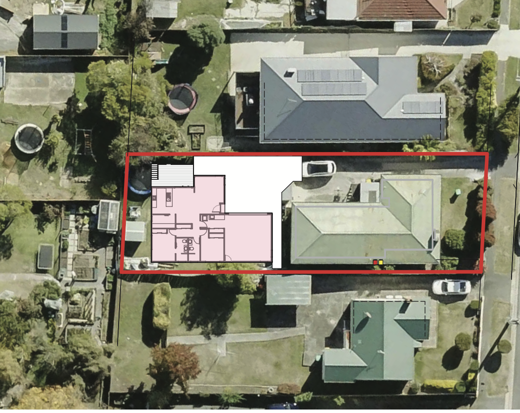Aerial view of a backyard with a house, trees, and various outdoor features, showing a floor plan overlay outlined in red.