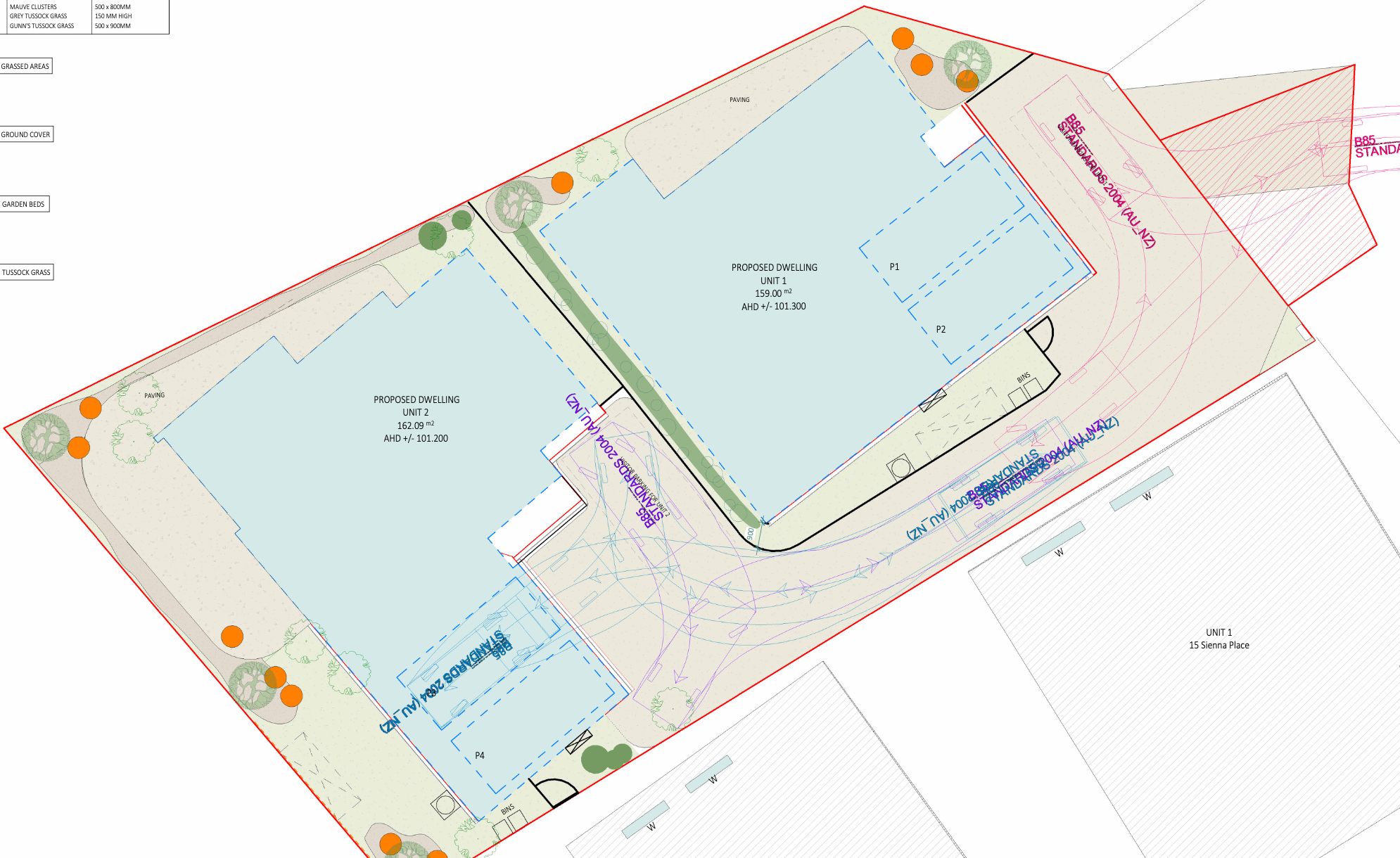 Site plan for a proposed residential development showing two proposed dwellings, landscaping with trees and garden beds, paved areas, a tennis court, and boundary fencing, with various annotations and measurements.