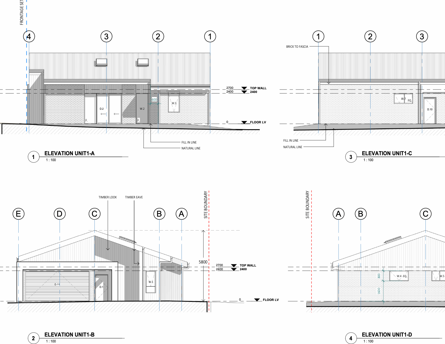 Architectural blueprint showing elevations of a building's units with labeled walls, doors, windows, and structural elements.