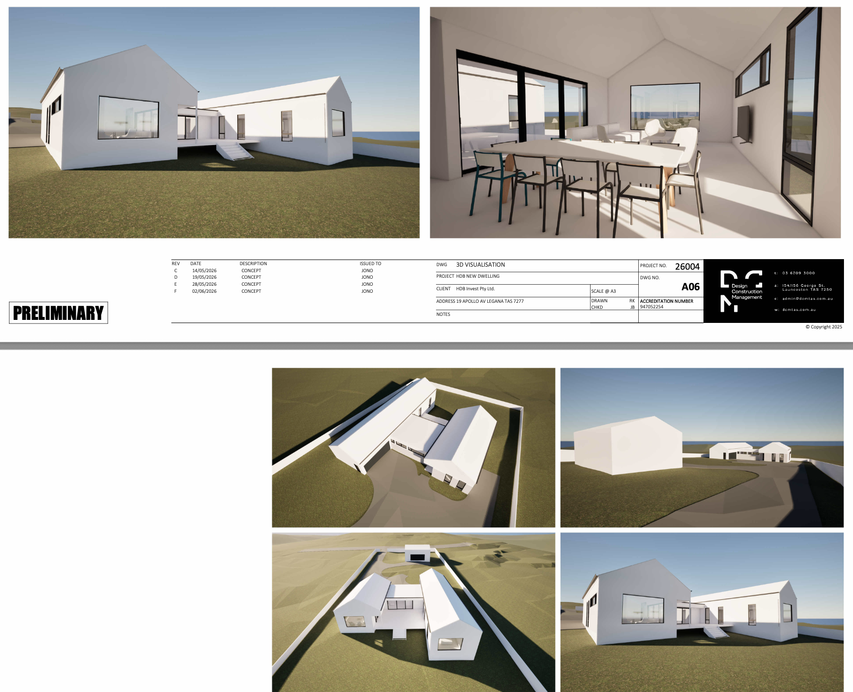 Architectural design plan for a modern residential building, including exterior renders, interior layout, and site views, with preliminary project details and revisions listed in the document.