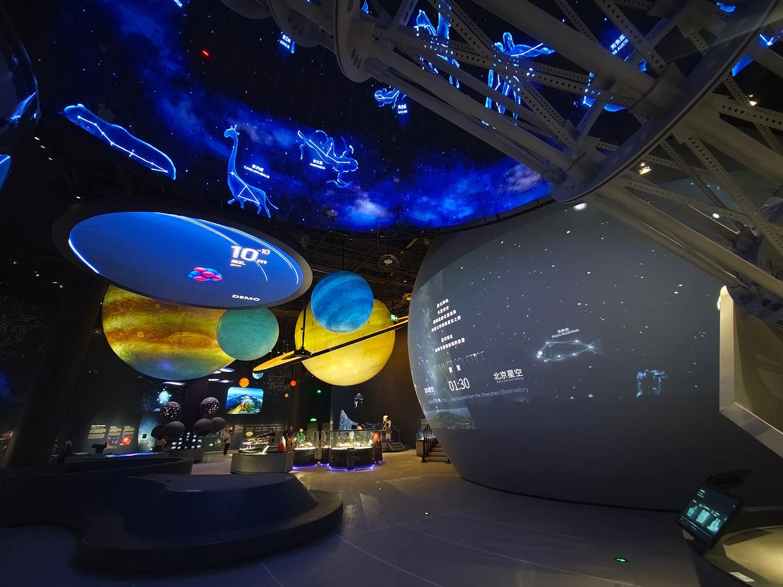深圳自然博物館宇宙廳，光峰 ALPD 雷射投影於巨型球幕與星座穹頂重現璀璨夜空  (English: Cosmos Hall at Shenzhen Natural History Museum featuring ALPD laser projection on spherical screen and starry dome)