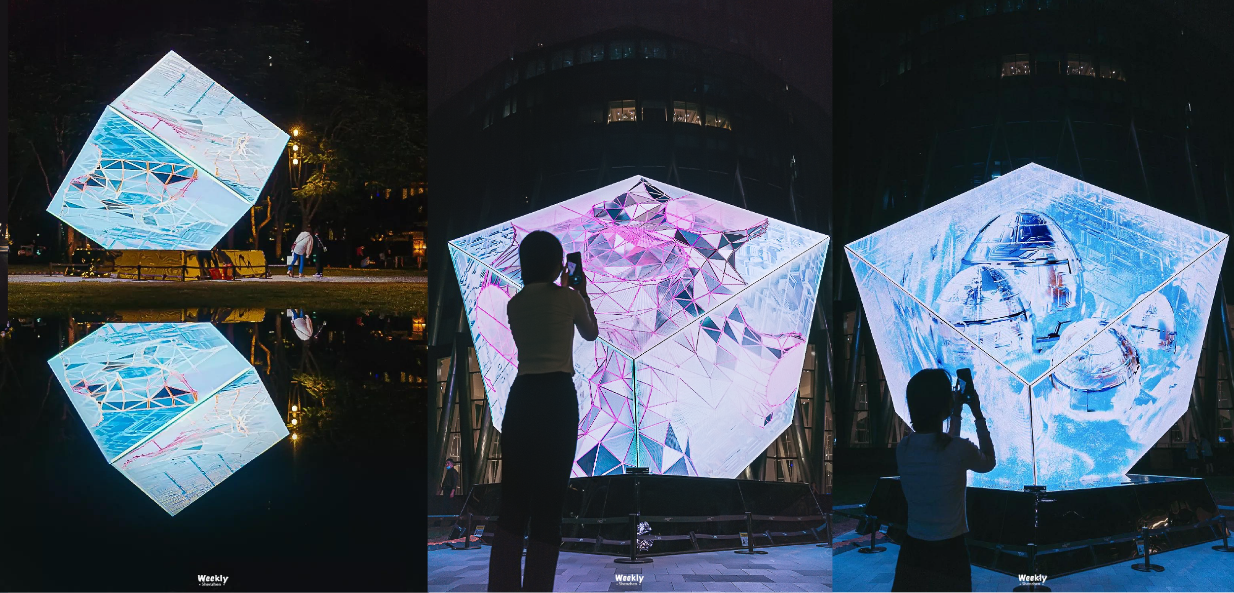 Three photos of large illuminated digital art installations resembling rotating cubes with digital patterns and faces, taken at nighttime, with people observing and taking photos.