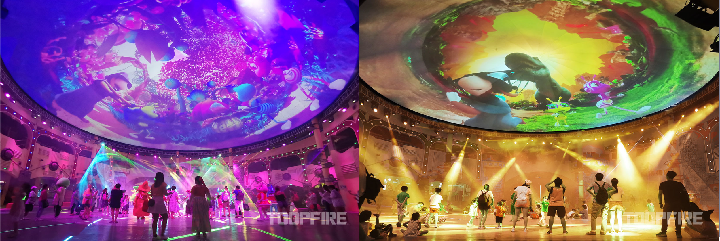 Large indoor space with colorful, animated projections on a ceiling, and people standing, walking, and sitting underneath. The left side has purple and pink lighting with playful characters and shapes, while the right side has yellow lighting with animated nature scenes and animals.