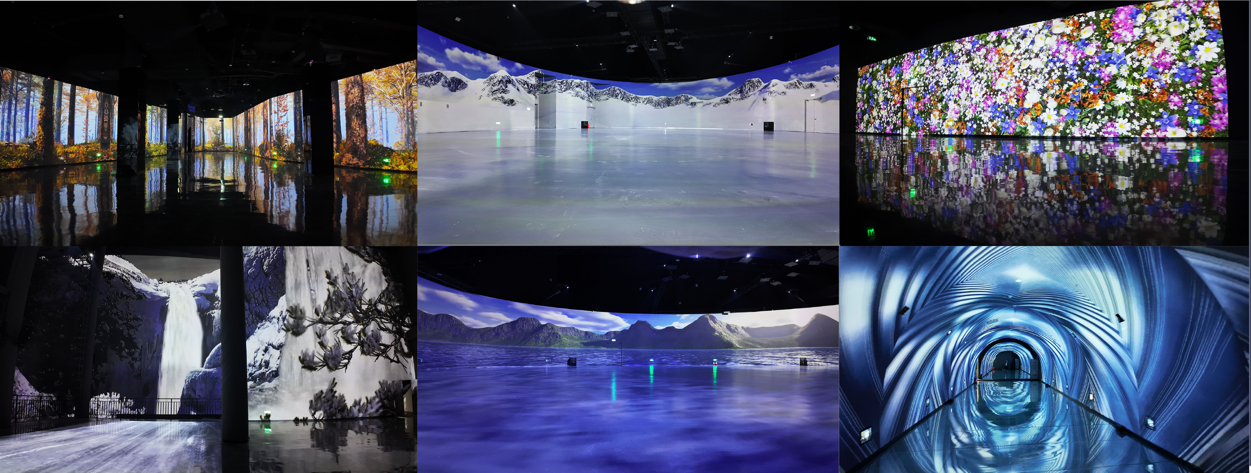 Digital art displays with nature themes, including forest, mountain, floral, waterfall, and tunnel scenes.