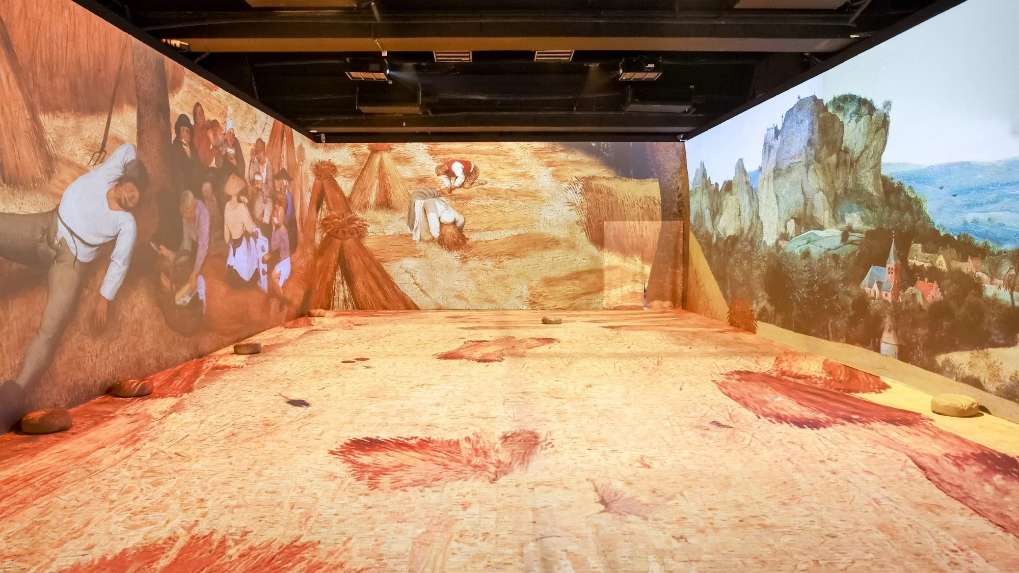 "Meet Master" light show exhibition: Digital scenery of field harvesting and village landscape with interactive game area.