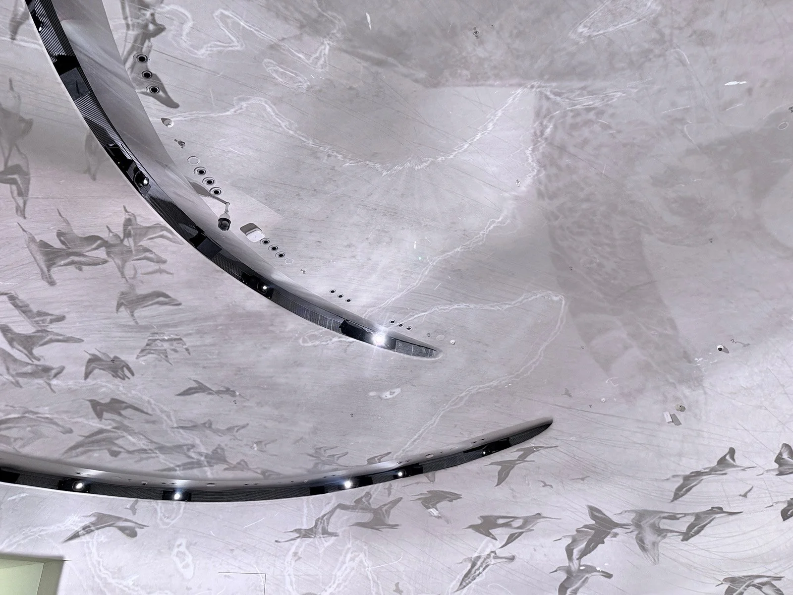 Es Devlin "TAKE ME HOME" exhibition at Shenzhen: Flying birds light display on curved ceiling with marble patterns.