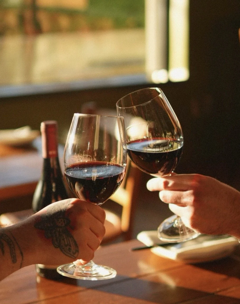 Two people clinking glasses of red wine at a dining table in a cozy setting.
