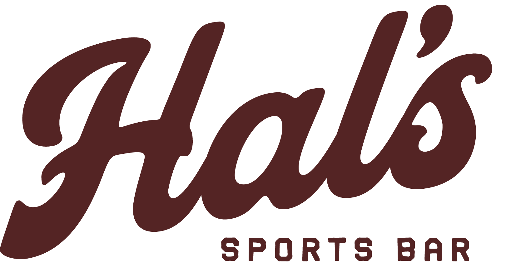 Logo for Hall's Sports Bar in dark red cursive font with 'Sports Bar' written below in uppercase letters.