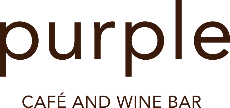 Text reading 'purple' and 'CAFÉ AND WINE BAR' in brown font on a black background.