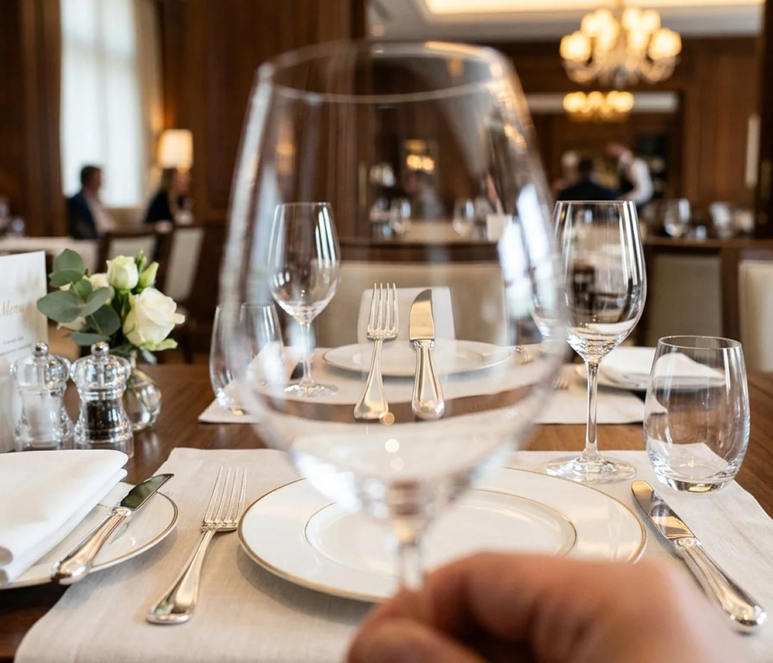 Elegant restaurant table set with wine glass in the foreground, white plates, silverware, and folded napkins, with a flower arrangement on the side and diners in the background.