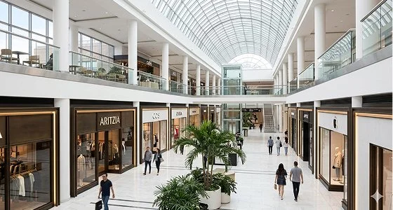 A spacious, beautifully maintained commercial shopping center showing a pristine, dirt-free granite floor with a glossy reflection despite heavy foot traffic.