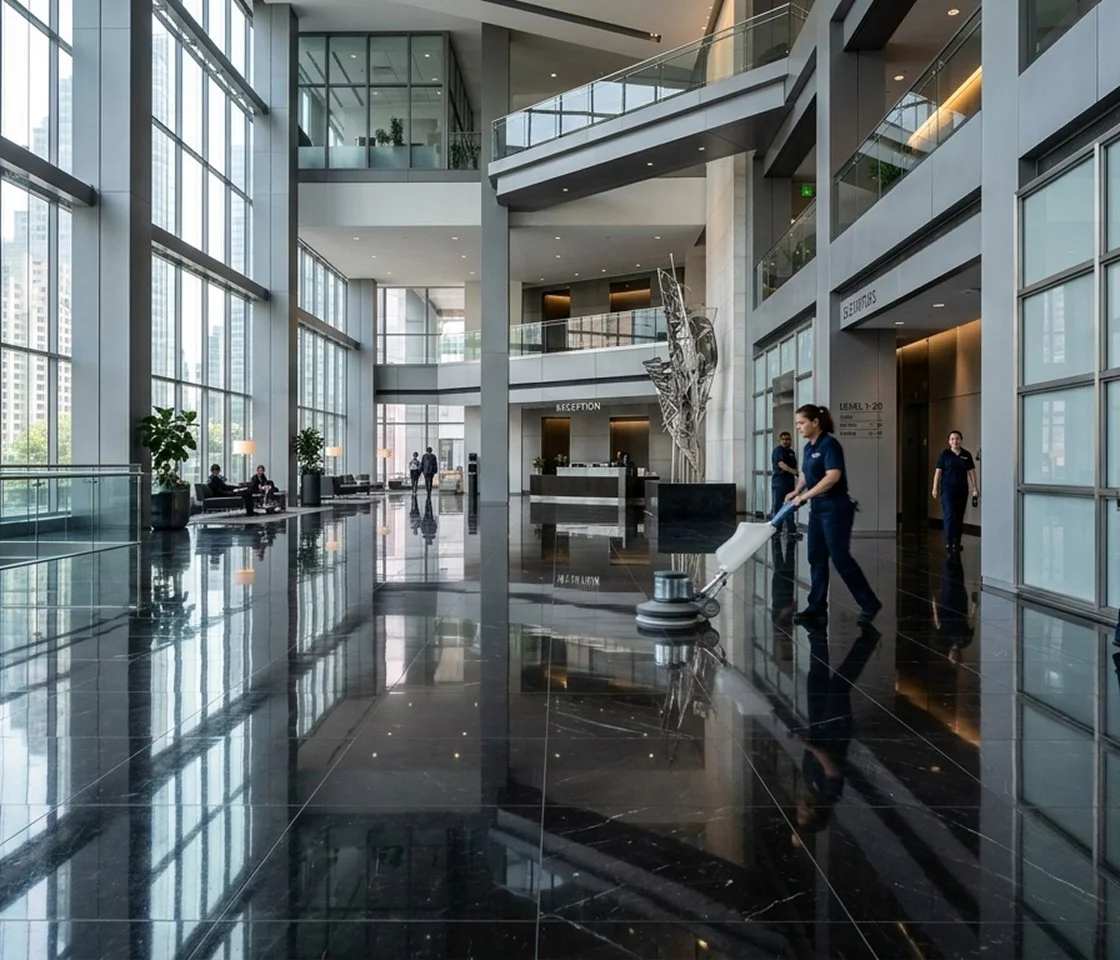 Modern hotel lobby with large glass windows, polished black floors, and seating areas. Staff members are cleaning the floor with a floor machine.